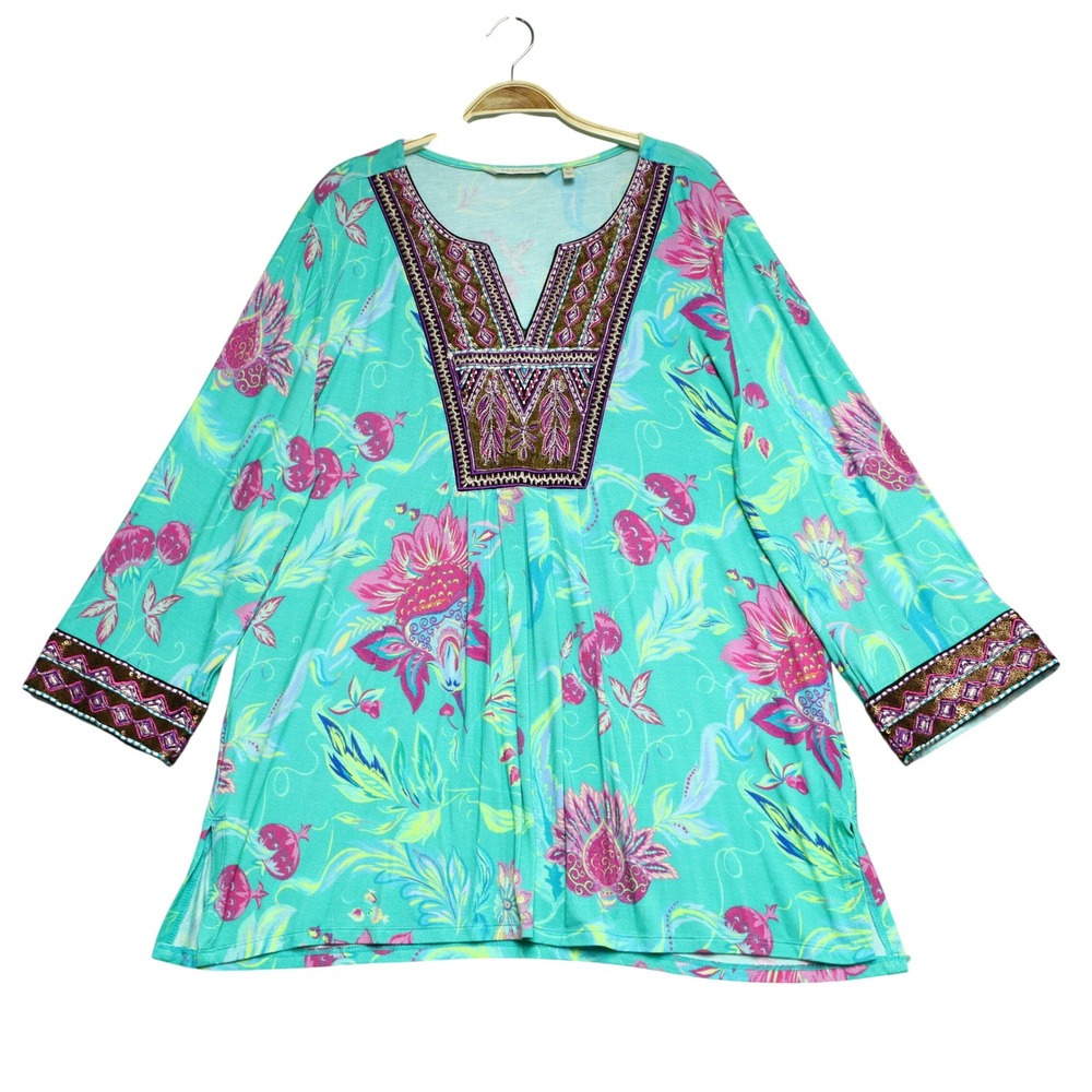 Soft Surroundings Sequin Embroidered Floral Tunic Top XL Green Pomegranate Boho